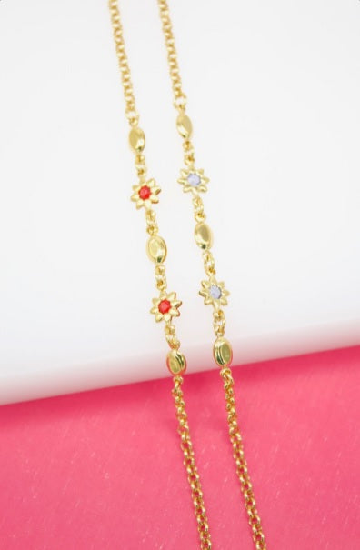 18K Gold Filled Dainty Flower Cz stone Rolo Bracelet