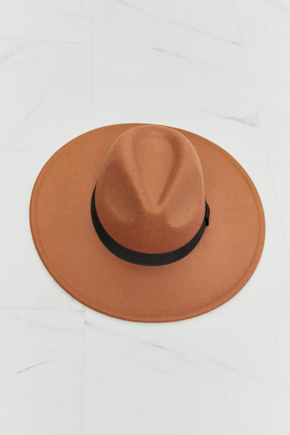 Fame Enjoy The Simple Things tan fedora hat with black ribbon band on white background