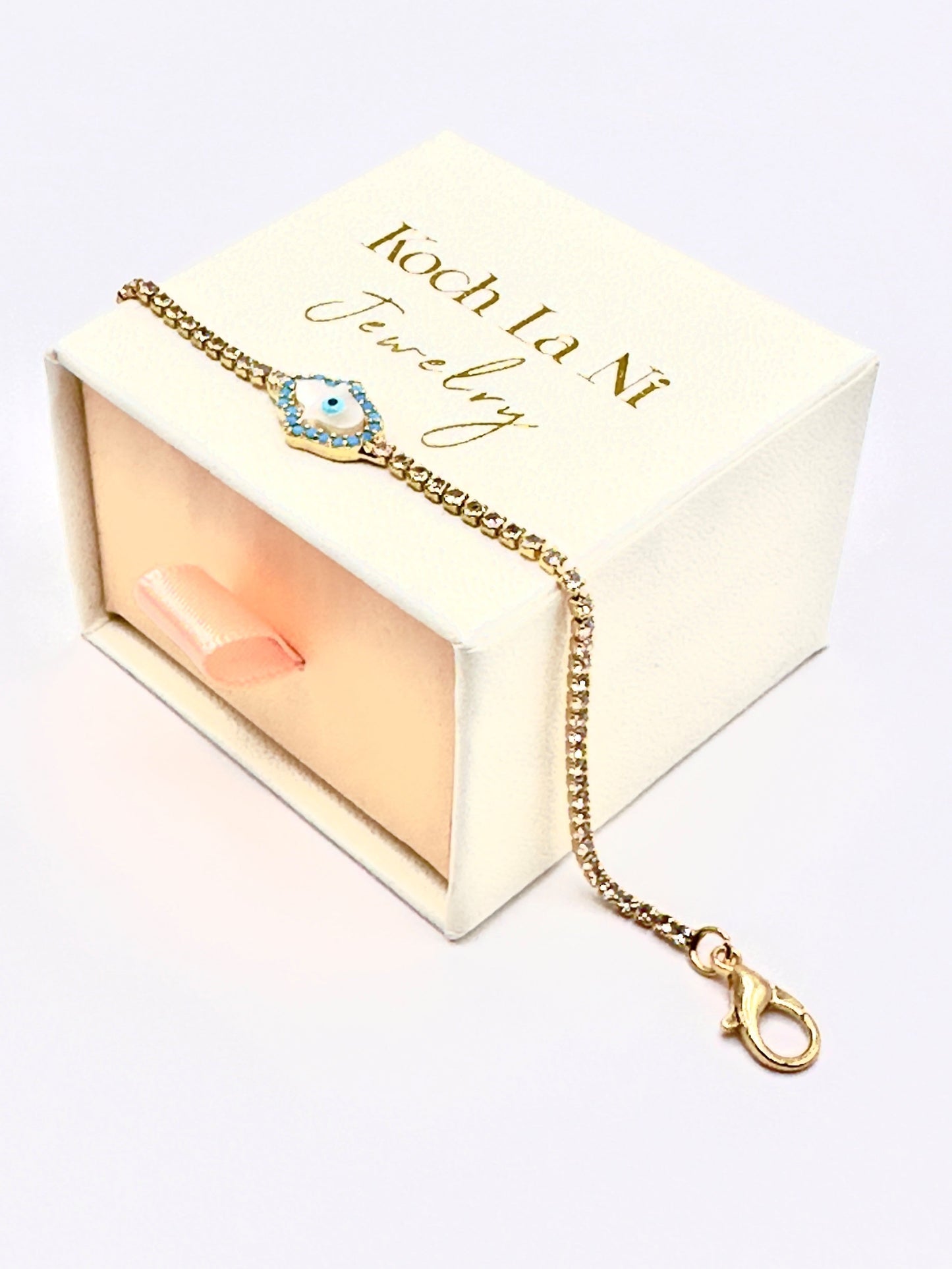 Hamsa Evil Eye Crystal Tennis Bracelet – Gold