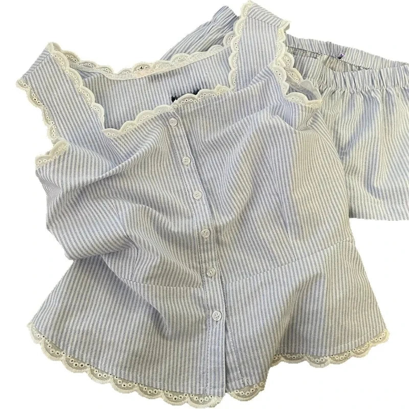 Striped Women Pajamas Summer Sleepwear Sleeveless Shorts Sets 2 Pieces Lace Night Wears Tank Korean Sleeping Home Suit 2025 New