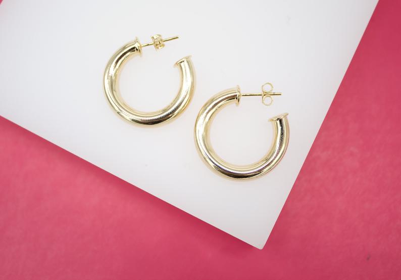 18K Gold Filled 5mm Thick Open Hoop Stud Hoops Earrings (J49)