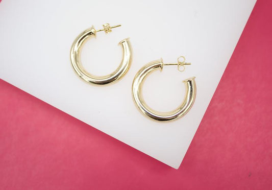18K Gold Filled 5mm Thick Open Hoop Stud Hoops Earrings (J49)