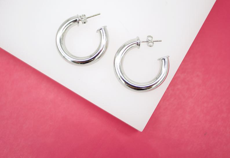 18K Gold Filled 5mm Thick Open Hoop Stud Hoops Earrings (J49)