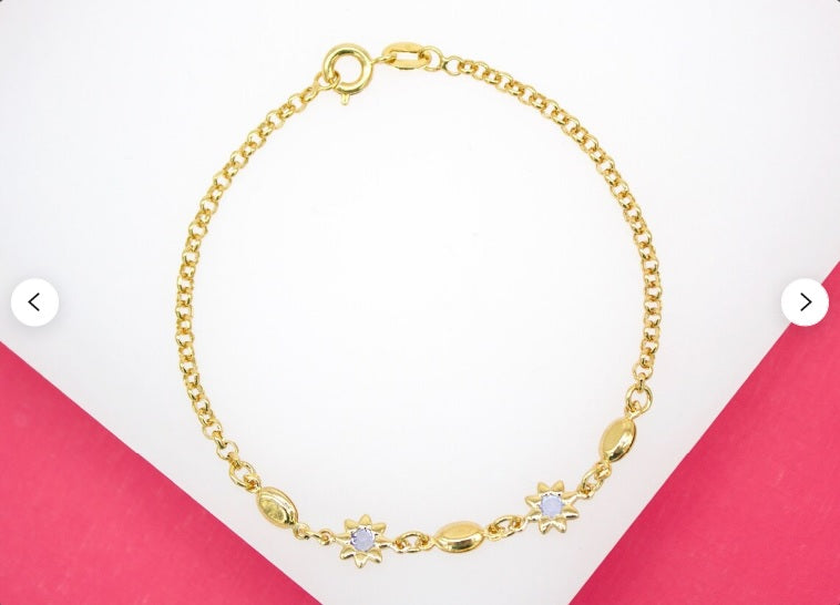 18K Gold Filled Dainty Flower Cz stone Rolo Bracelet