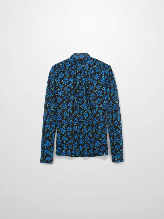 Mesh Mock Neck Top-Blue Floral