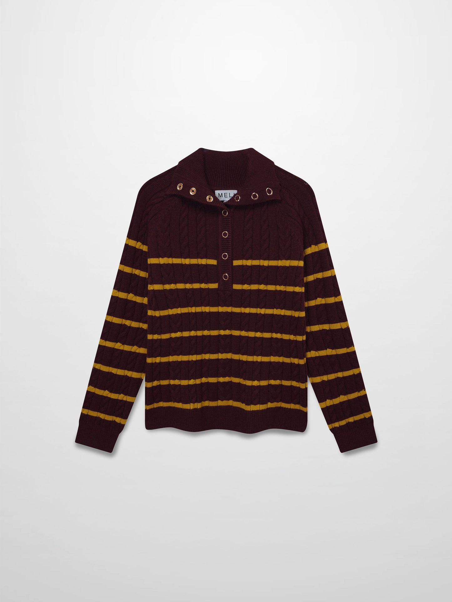 Shawl Snap Collar Striped Cable Sweater-Burgundy/Yellow