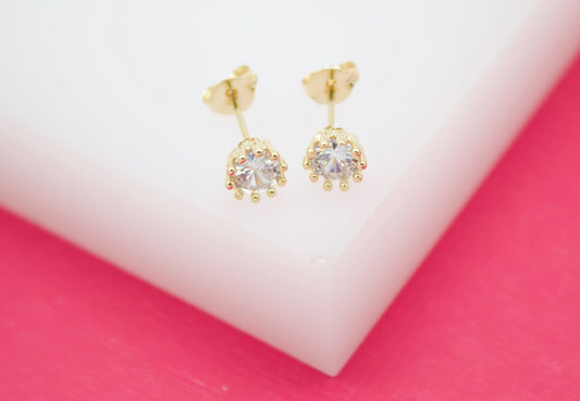 18K Gold Filled 6mm Clear Round CZ Stone Stud Earrings