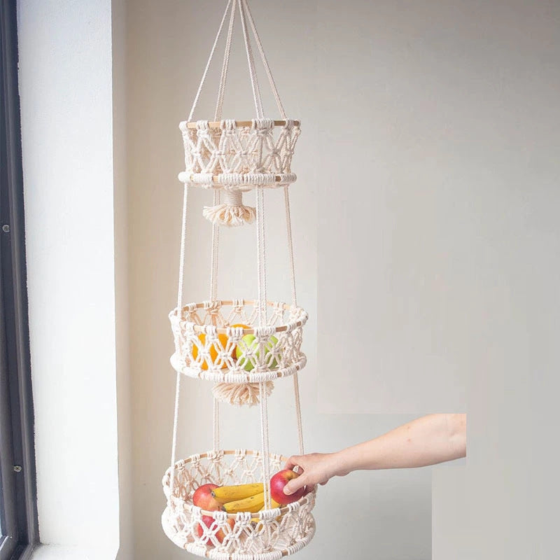 Hand-Woven Cotton Rope Hanging Basket - Stylish Storage