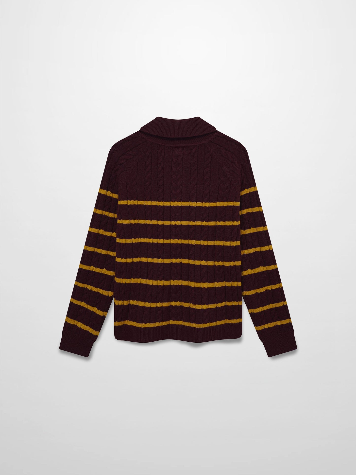 Shawl Snap Collar Striped Cable Sweater-Burgundy/Yellow