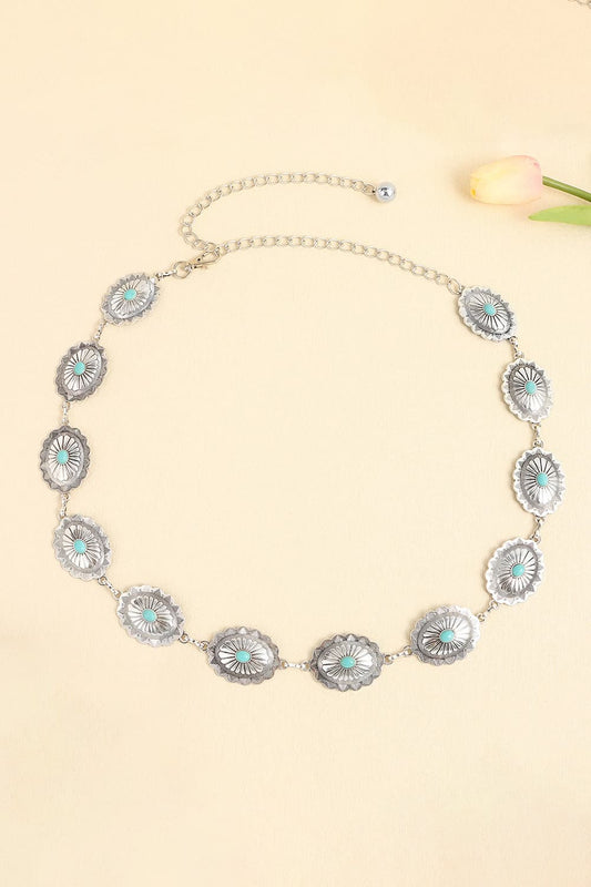 Vintage turquoise alloy belt with decorative oval turquoise accents on a linked chain design