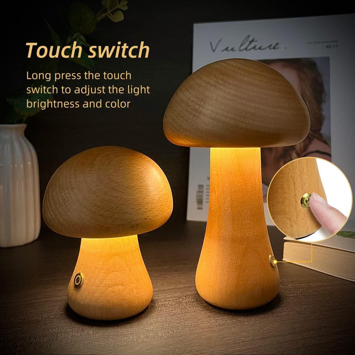 Wooden Mushroom Night Light - Touch Control & Warm Glow