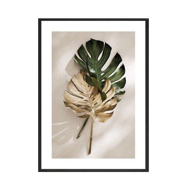 Green & Gold Leaves Poster - Elegant Living Room Decor