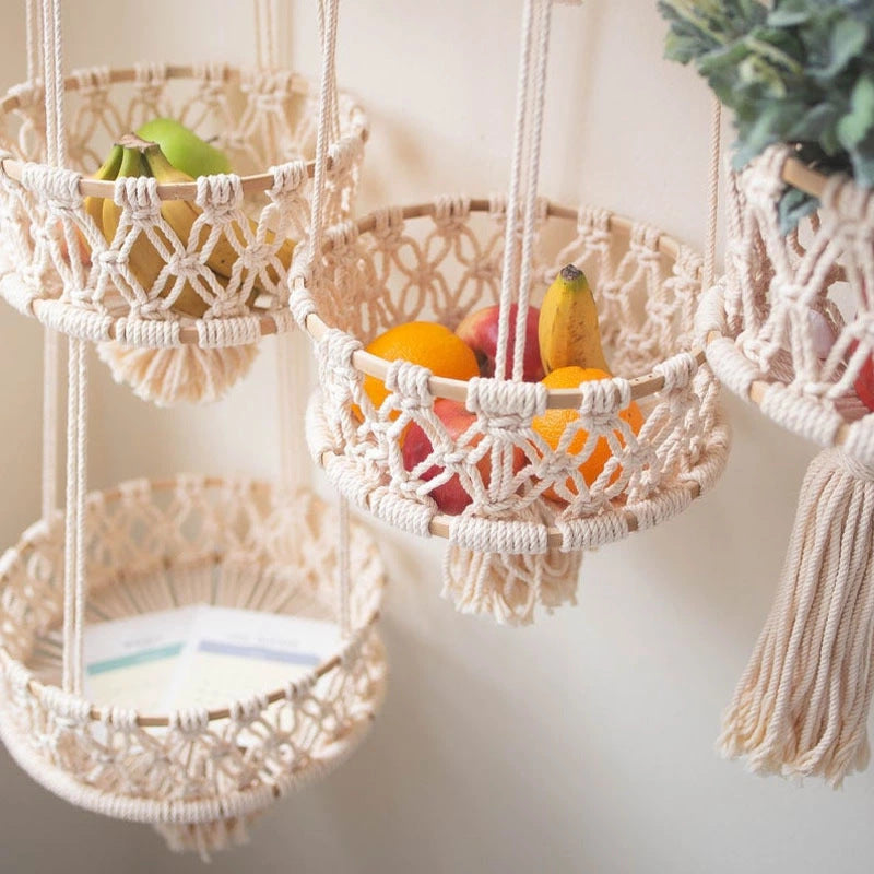 Hand-Woven Cotton Rope Hanging Basket - Stylish Storage