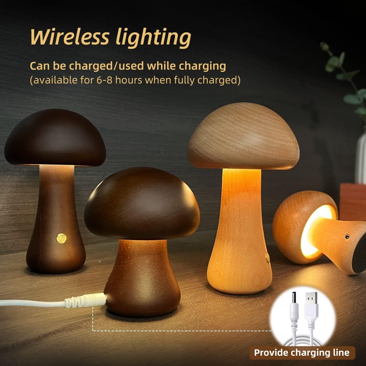 Wooden Mushroom Night Light - Touch Control & Warm Glow