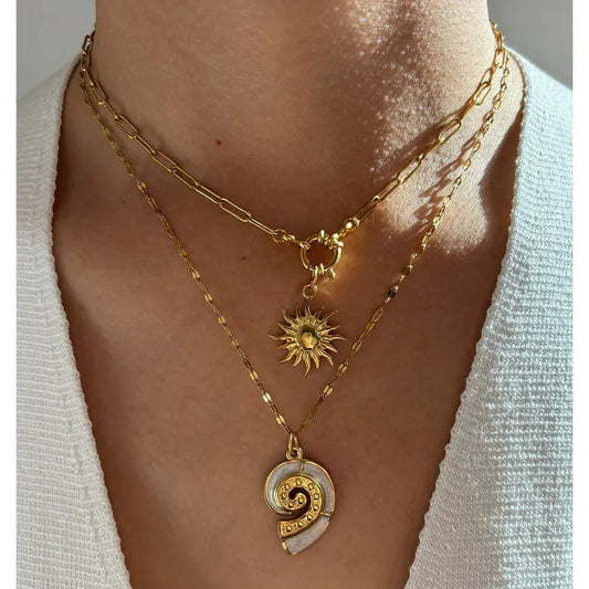 2-piece 18K gold-plated sun and wave pendant necklace with enamel and stainless steel on 17.7-inch chains