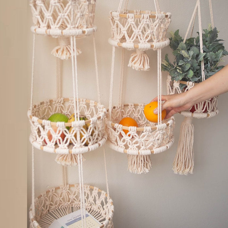 Hand-Woven Cotton Rope Hanging Basket - Stylish Storage