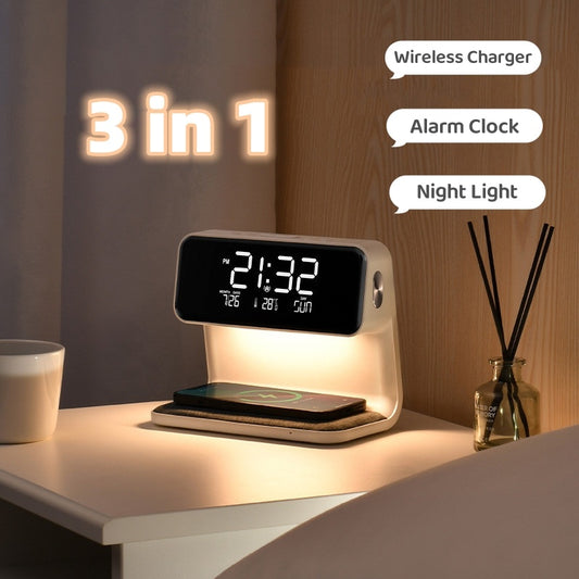 3-in-1 Bedside Lamp with Wireless Charging & Alarm Clock