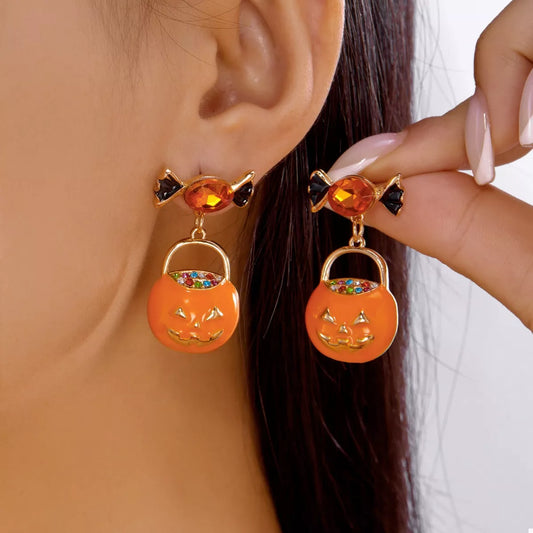 Halloween rhinestone pumpkin dangle earrings gold-plated with colorful stones