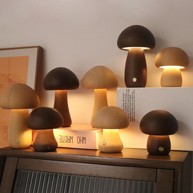 Wooden Mushroom Night Light - Touch Control & Warm Glow