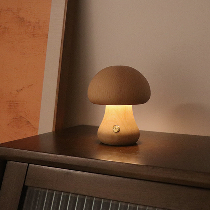 Wooden Mushroom Night Light - Touch Control & Warm Glow