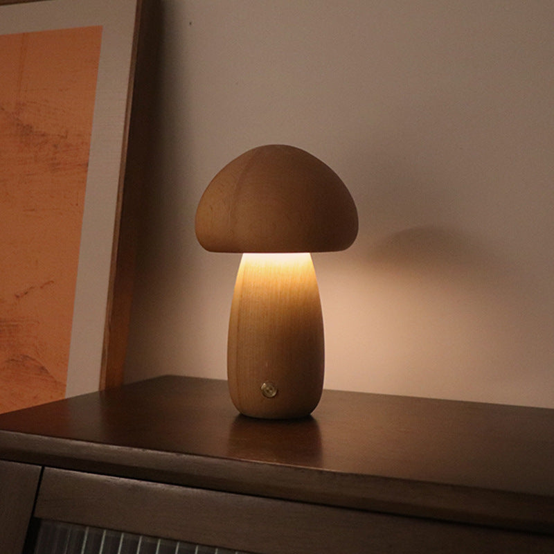 Wooden Mushroom Night Light - Touch Control & Warm Glow