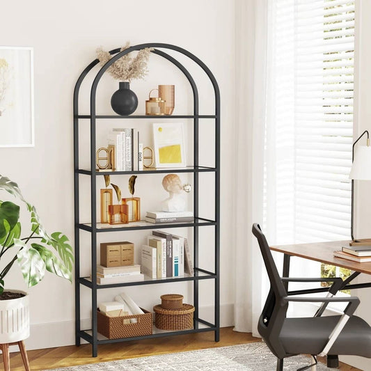 Modern Black Metal Arched Top Display Rack Bookcase with 5 Glass Storage Shelves-0