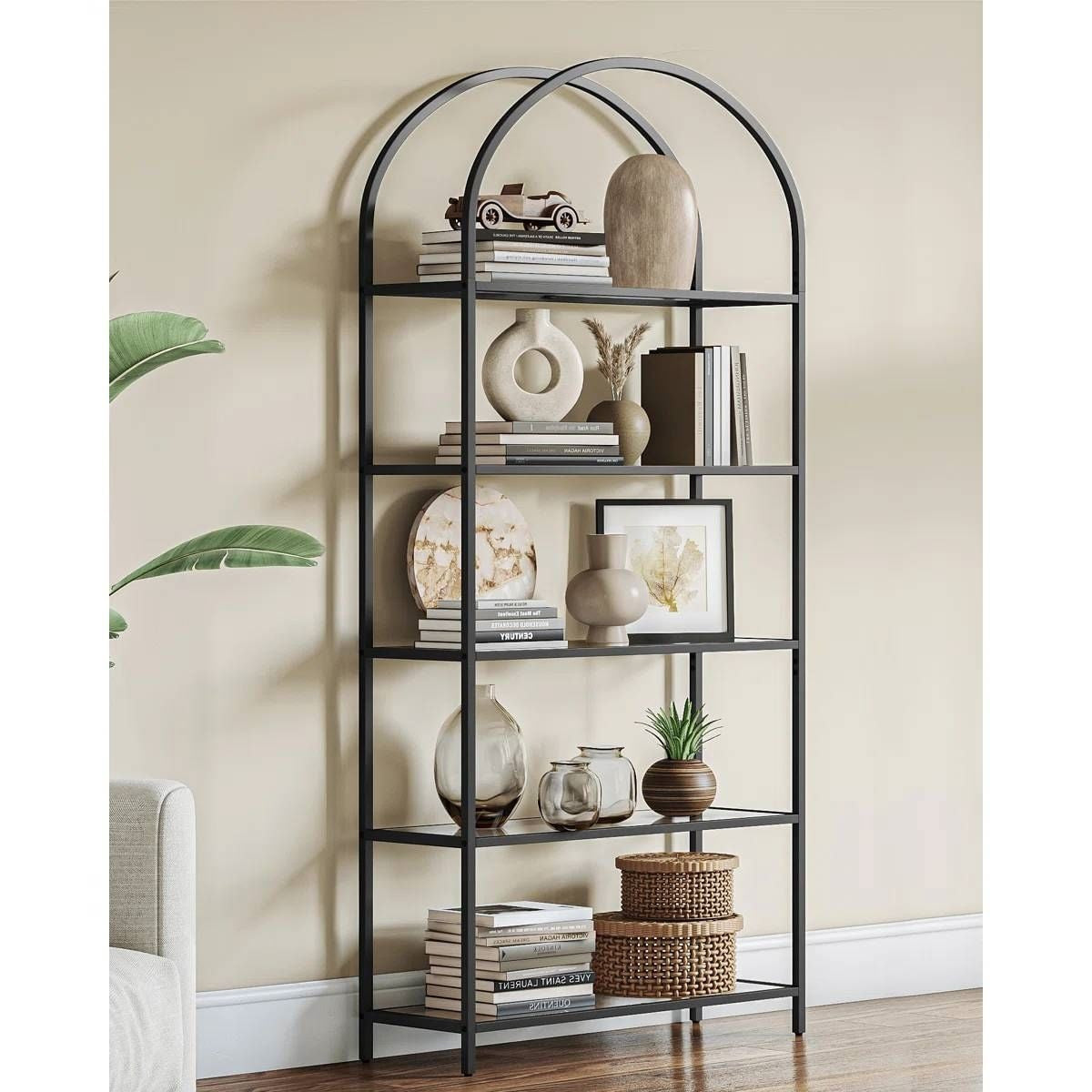Modern Black Metal Arched Top Display Rack Bookcase with 5 Glass Storage Shelves-2
