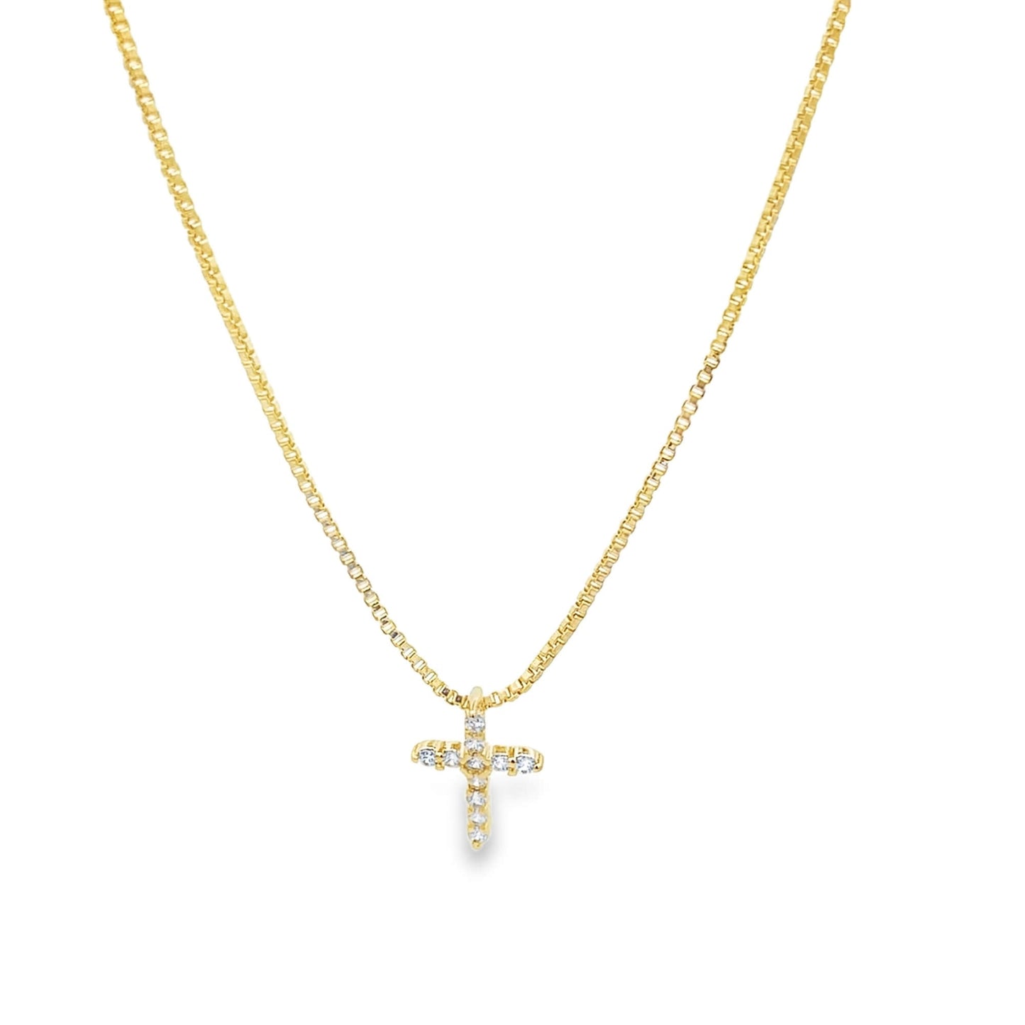 Dainty CZ Pave Cross Pendant Box Chain Necklace (F238A)