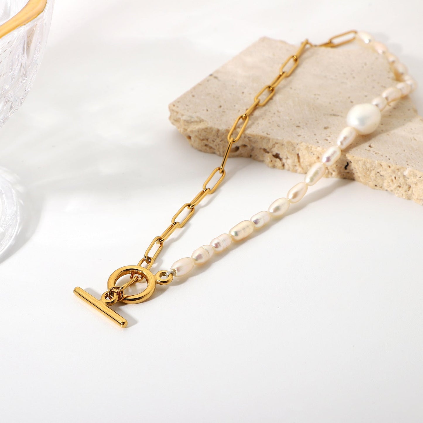 18K Gold Plated Half Pearl Link Necklace