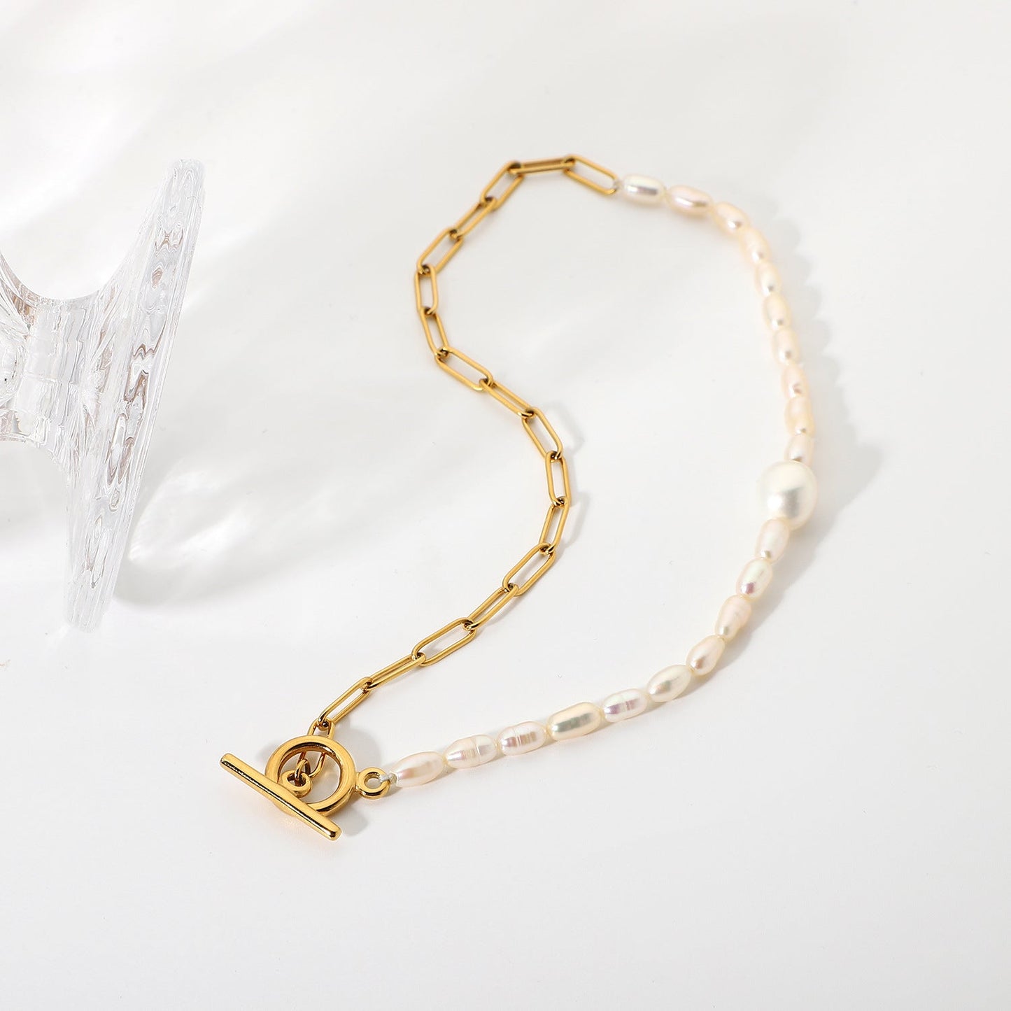 18K Gold Plated Half Pearl Link Necklace