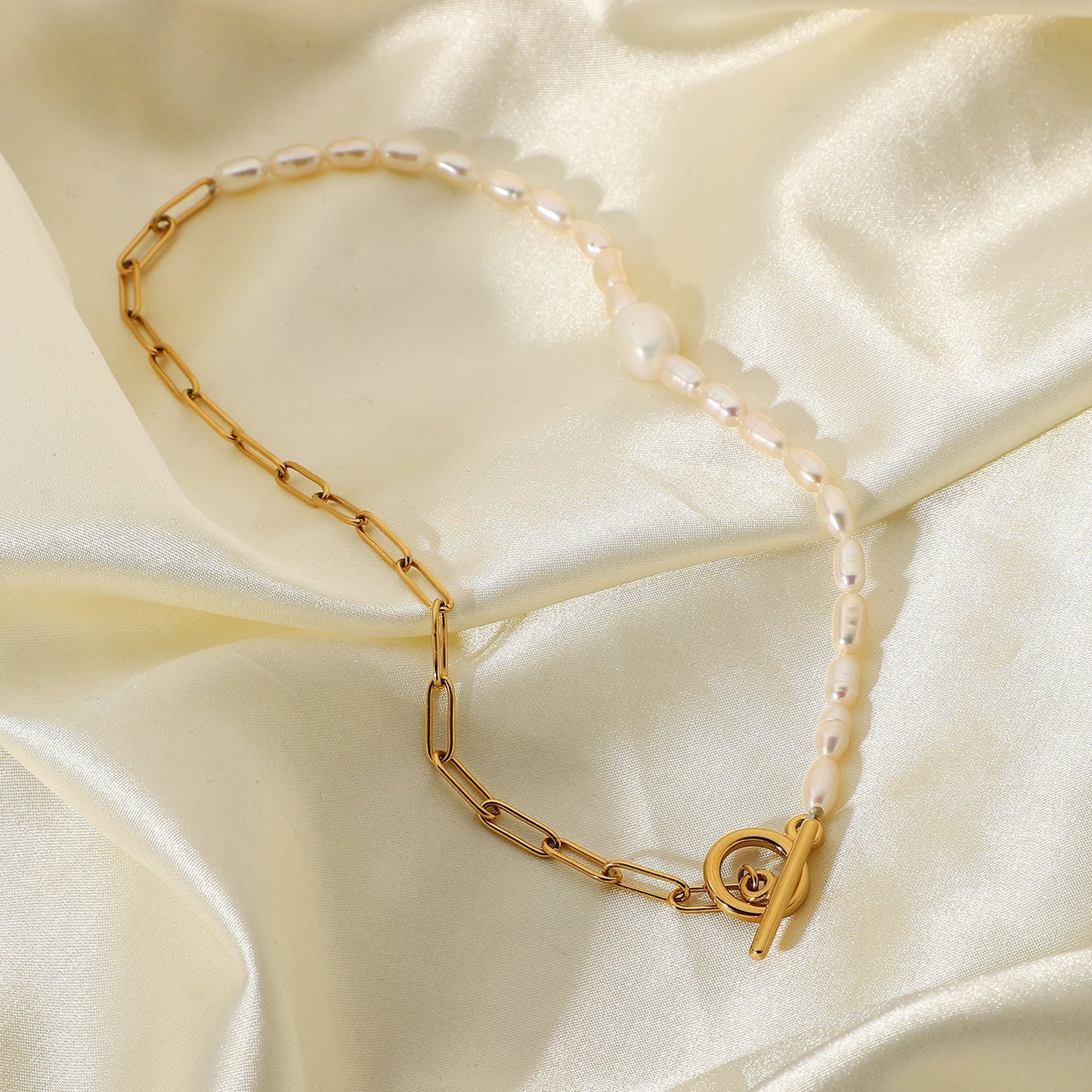 18K Gold Plated Half Pearl Link Necklace