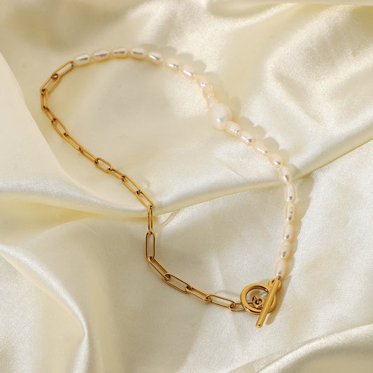 18K Gold Plated Half Pearl Link Necklace