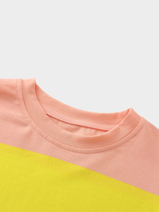 Oversized Rounded Hem T-Shirt-Peach/Yellow
