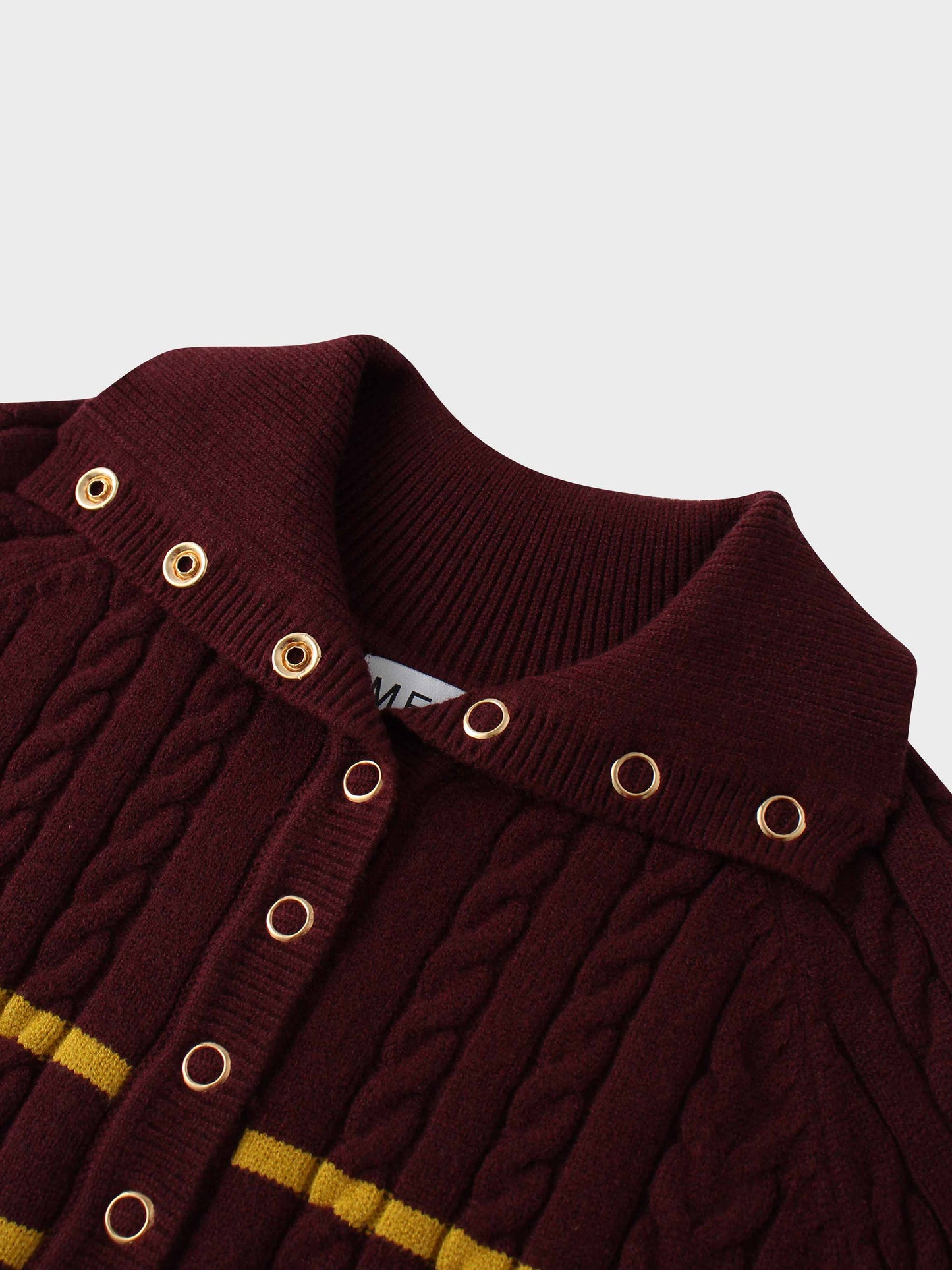 Shawl Snap Collar Striped Cable Sweater-Burgundy/Yellow
