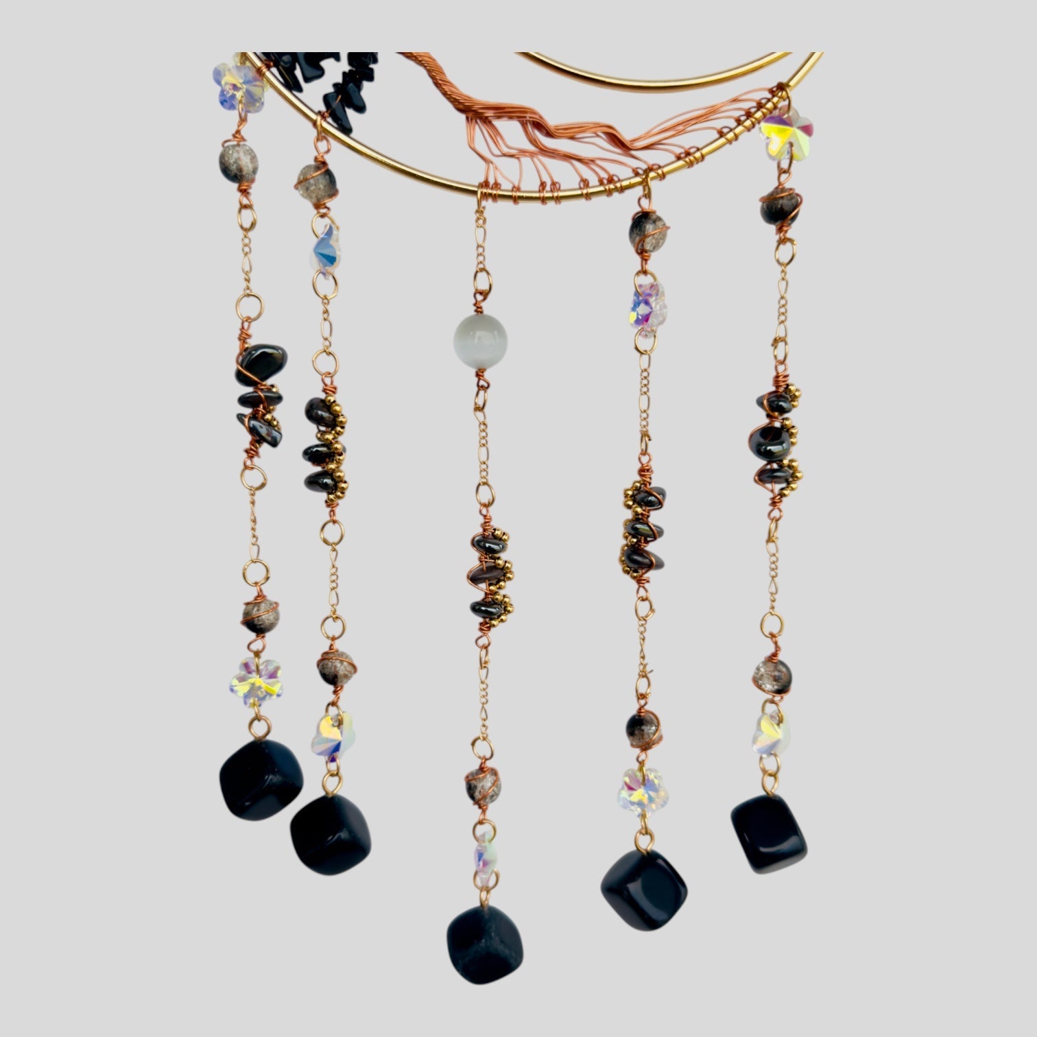 Gold Metal Crescent Moon Dreamcatcher Suncatcher with Black Obsidian Stone Tree of Life & Hanging Jewel Charms-2
