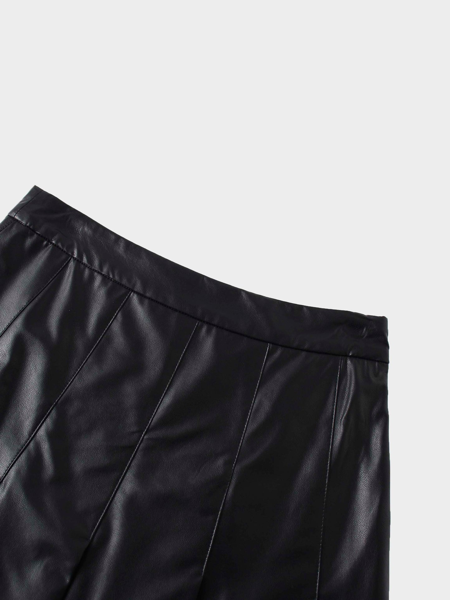 Faux Leather Stitch Down Pleated Skirt-Black