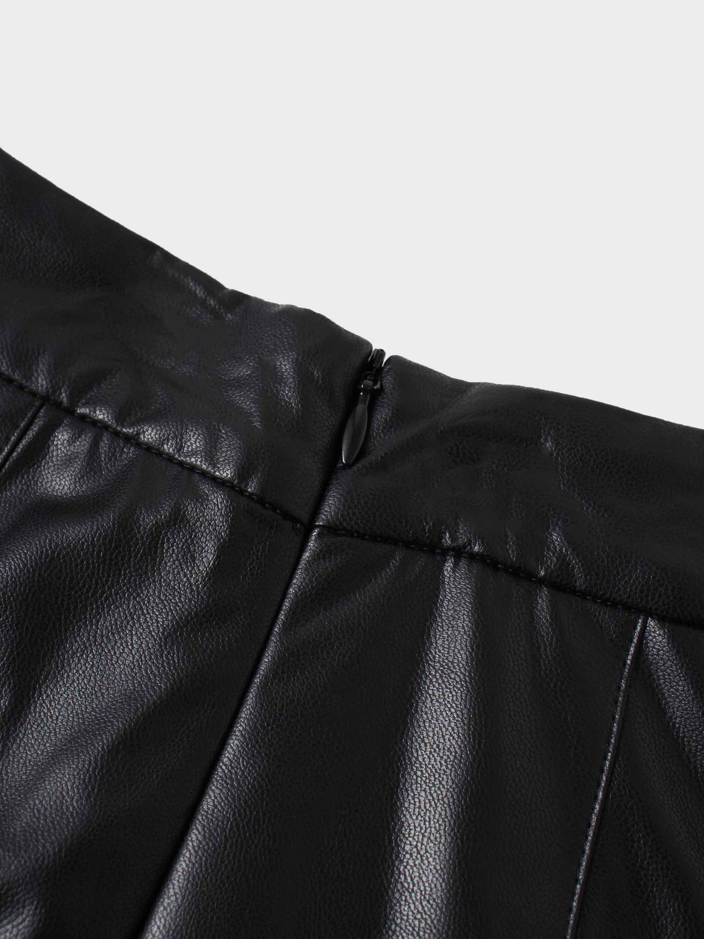 Faux Leather Stitch Down Pleated Skirt-Black