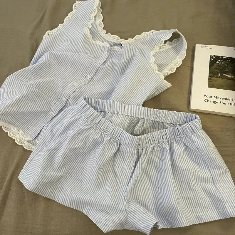 Striped Women Pajamas Summer Sleepwear Sleeveless Shorts Sets 2 Pieces Lace Night Wears Tank Korean Sleeping Home Suit 2025 New