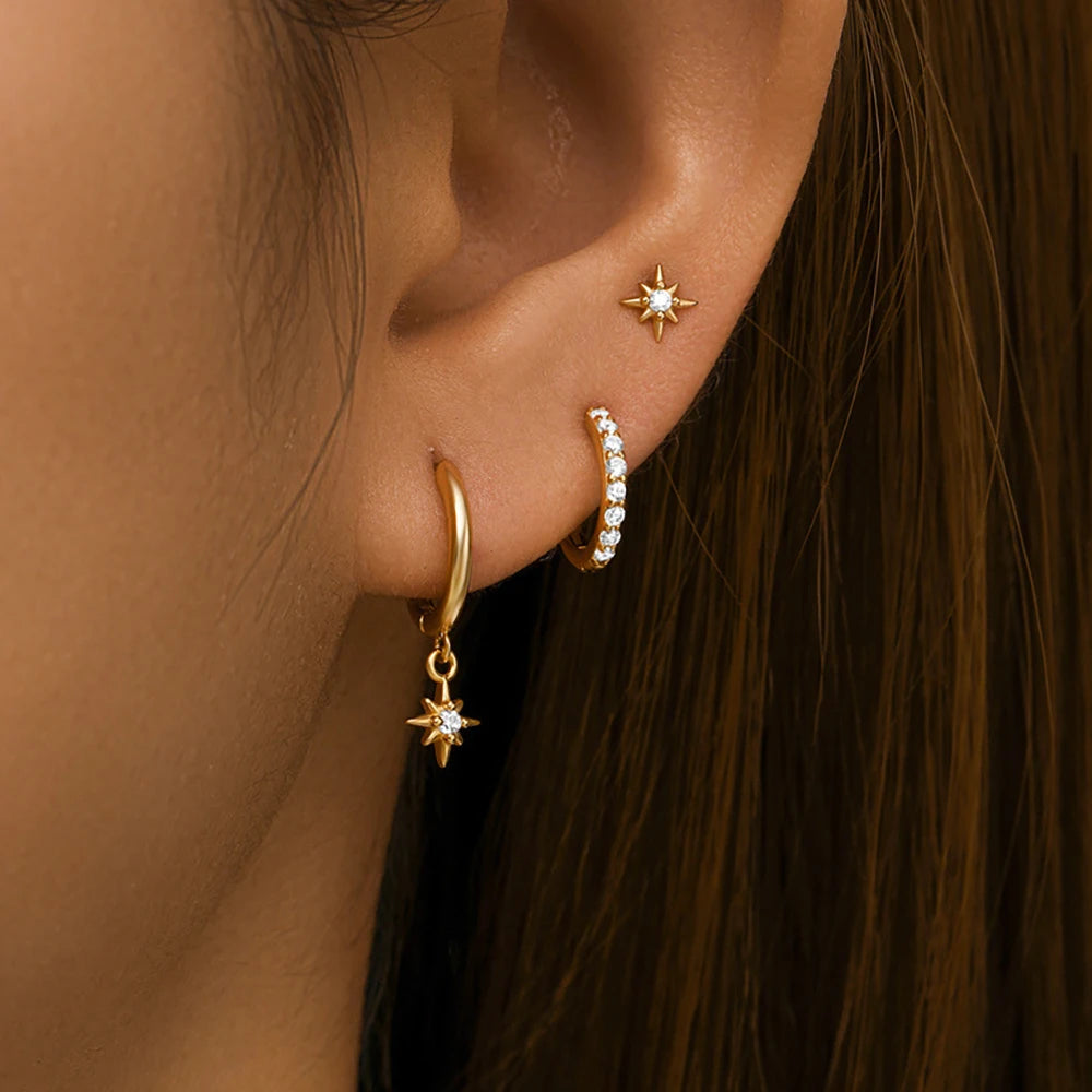 Star Drop Earrings Set - 18K Gold Plated Elegance