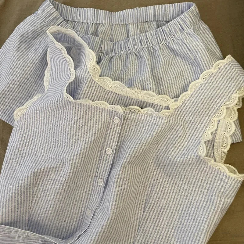 Striped Women Pajamas Summer Sleepwear Sleeveless Shorts Sets 2 Pieces Lace Night Wears Tank Korean Sleeping Home Suit 2025 New