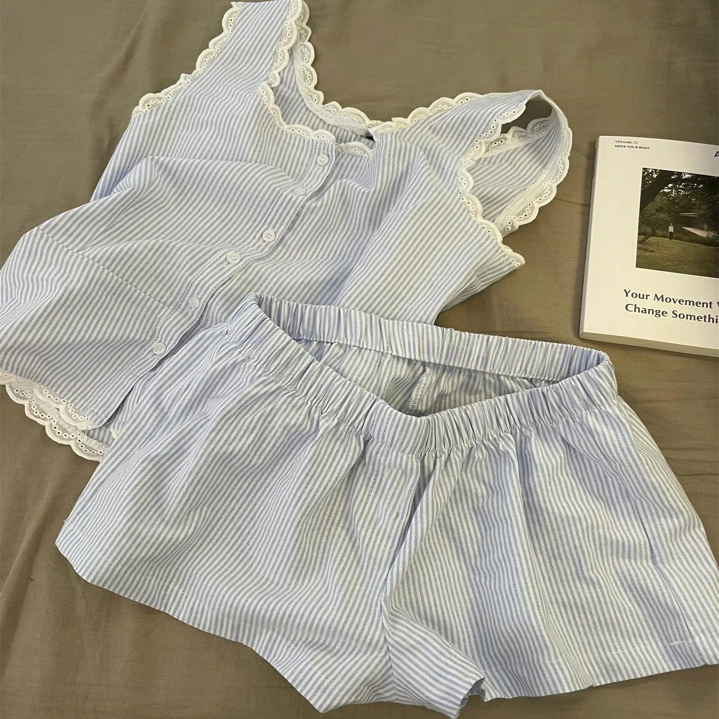 Striped Women Pajamas Summer Sleepwear Sleeveless Shorts Sets 2 Pieces Lace Night Wears Tank Korean Sleeping Home Suit 2025 New