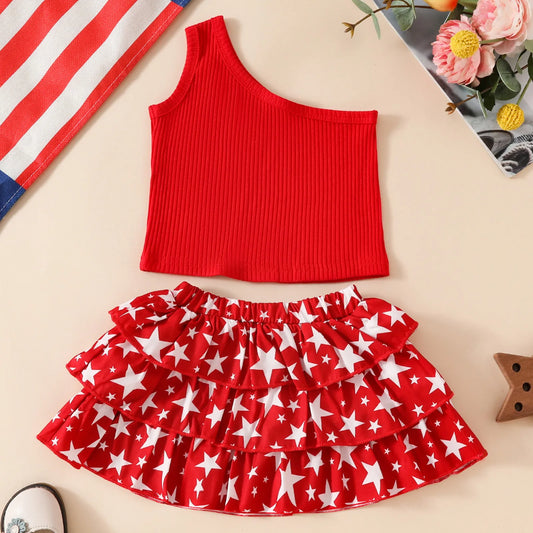 0-4Y Independence Day Girls Clothes Sets Toddler Infant Kids Girls 4th of July Outfits One Shoulder Tank Tops Stars Print Skirts