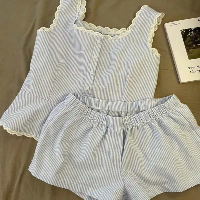 Striped Women Pajamas Summer Sleepwear Sleeveless Shorts Sets 2 Pieces Lace Night Wears Tank Korean Sleeping Home Suit 2025 New