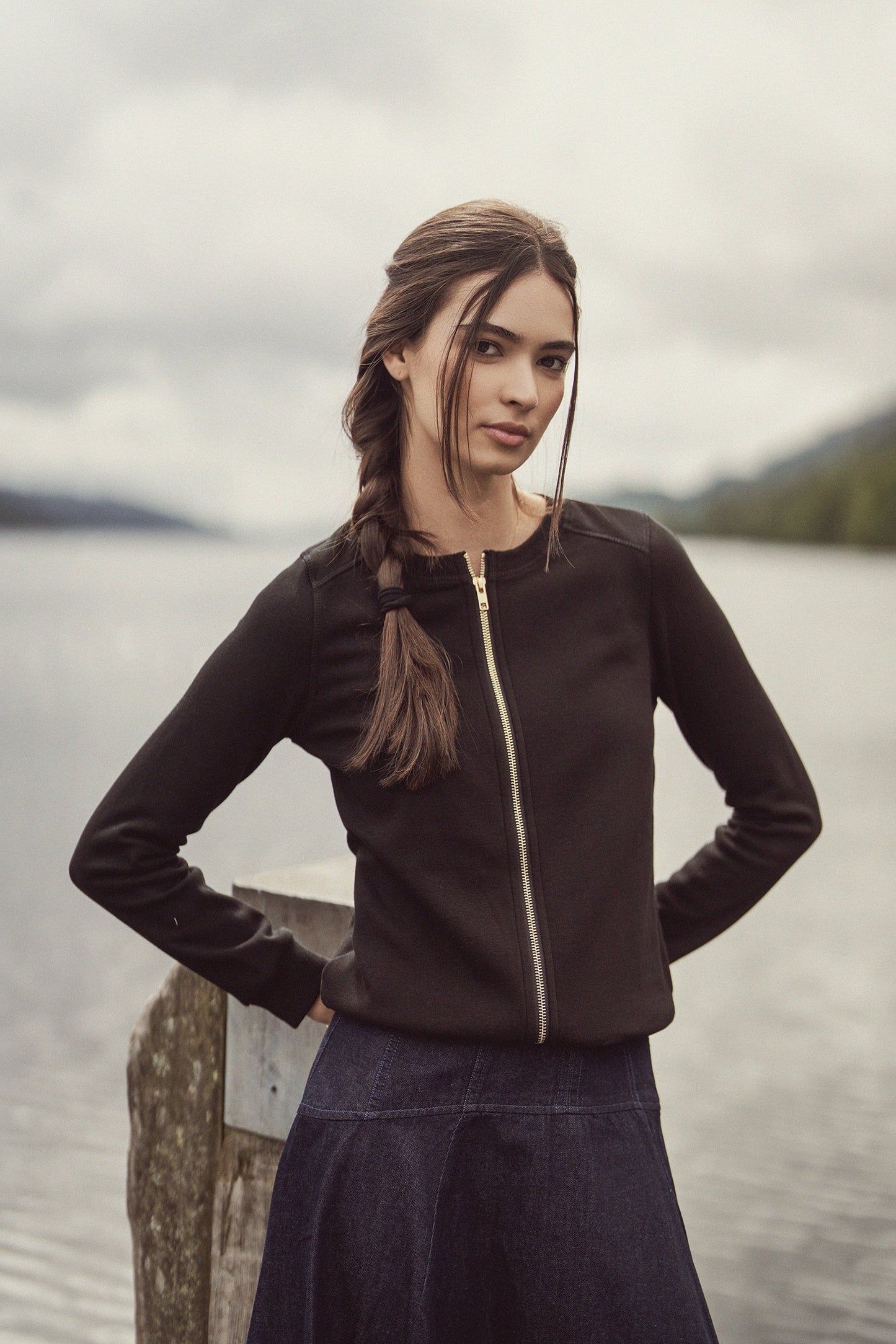 Zip Up Bomber Sweatshirt-Black