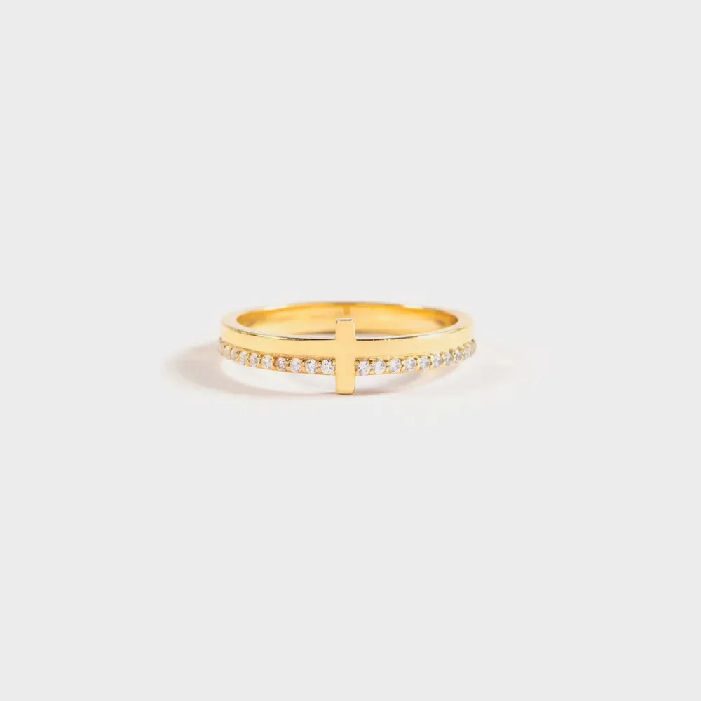 Gold-tone Zircon 925 sterling silver ring with cross design and embedded stones