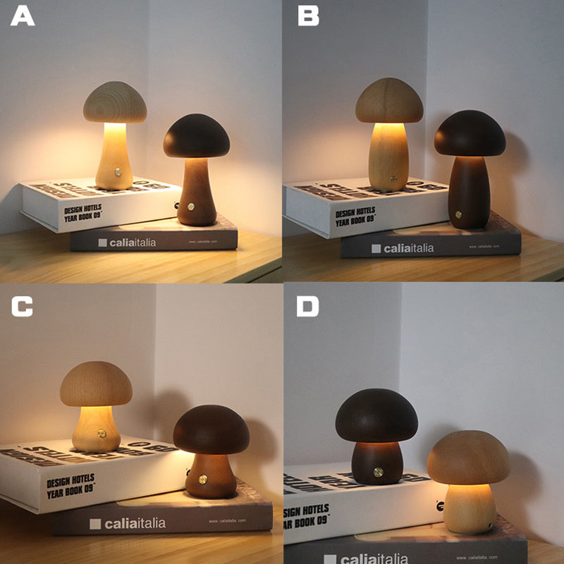 Wooden Mushroom Night Light - Touch Control & Warm Glow