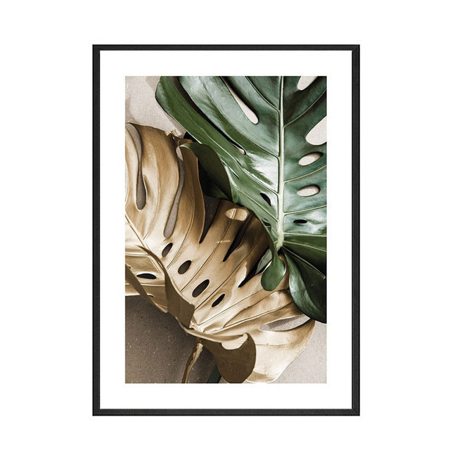 Green & Gold Leaves Poster - Elegant Living Room Decor