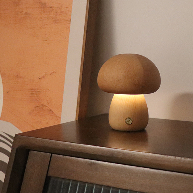 Wooden Mushroom Night Light - Touch Control & Warm Glow