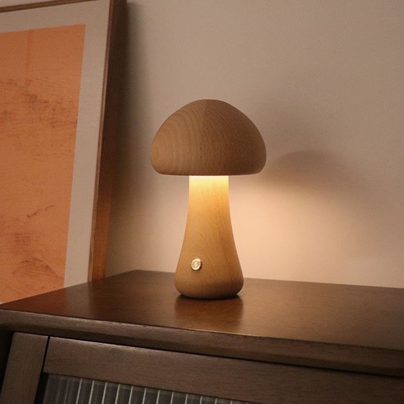 Wooden Mushroom Night Light - Touch Control & Warm Glow