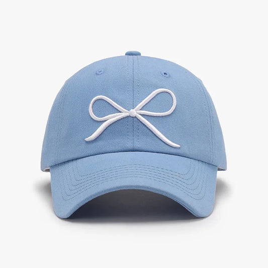 Blue bow embroidered cotton baseball cap front view